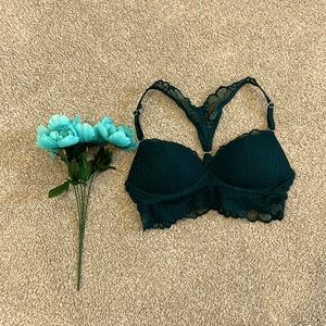 VS PINK Forest Green floral lace racerback push up bra